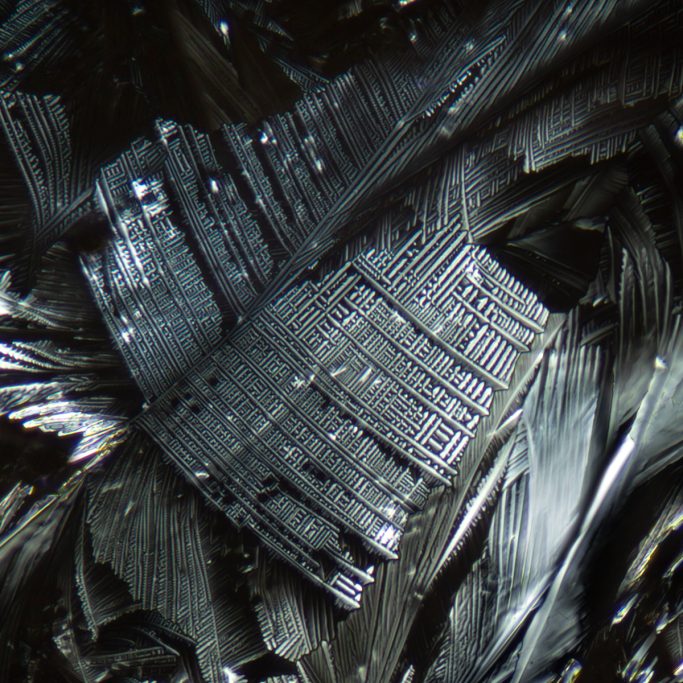 Mikrofoto von Hippursäure, Mikrokristalle im polarisierten Licht, 2, Bildbreite = 0,65 mm