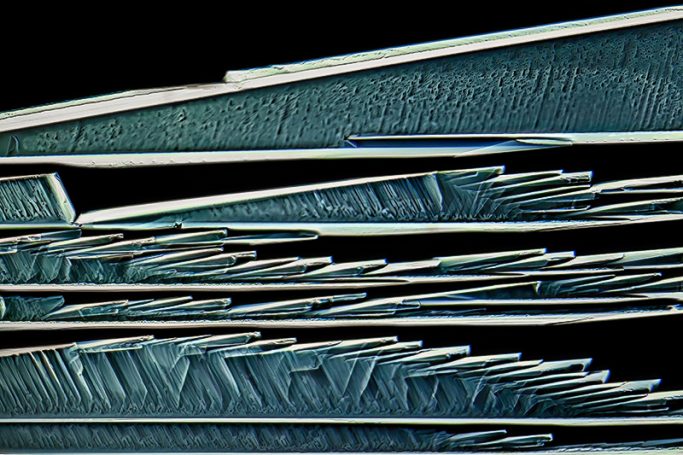 Mikrofoto von Resorcin mit Beta Alanin, Mikrokristalle im polarisierten Licht, 1, Bildbreite = 0,9 mm