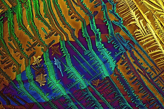 Mikrofoto von Caesiumchlorid mit Kupfersulfat, Mikrokristalle im polarisierten Licht, 5, Bildbreite = 0,65 mm