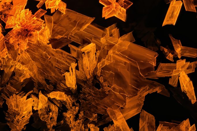 Orange G ist ein oranger Azofarbstoff, Mikrokristalle im UV-Licht