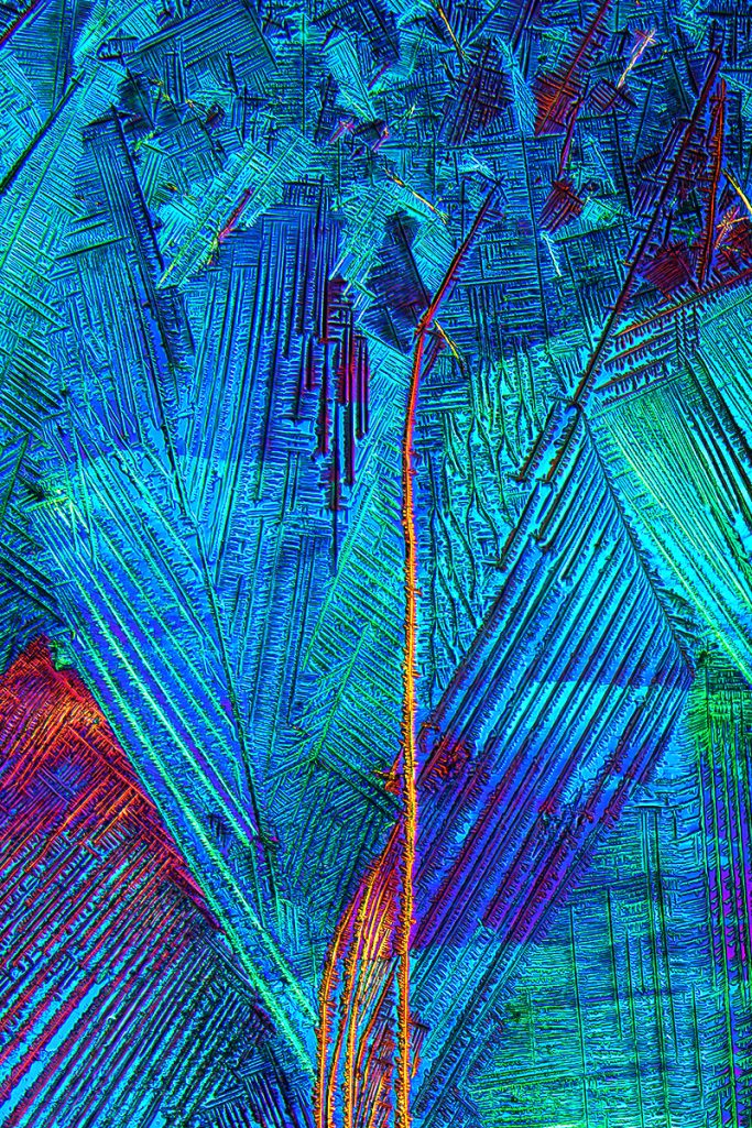 Mikrofoto von Caesiumchlorid mit Kupfersulfat, Mikrokristalle im polarisierten Licht, 3, Bildbreite = 1,1 mm